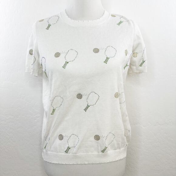 Minnie Rose Pickleball Frayed Edge Athletic Lightweight Sweater Tee 8699 White S - Picture 1 of 5